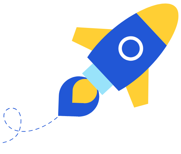 stylized blue rocket ship lifting off